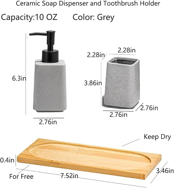 Grey Ceramic Bathroom Accessories Set 2Pieces,Soap Dispenser and Toothbrush Holder,Countertop Organizer for Stylish Bathroom