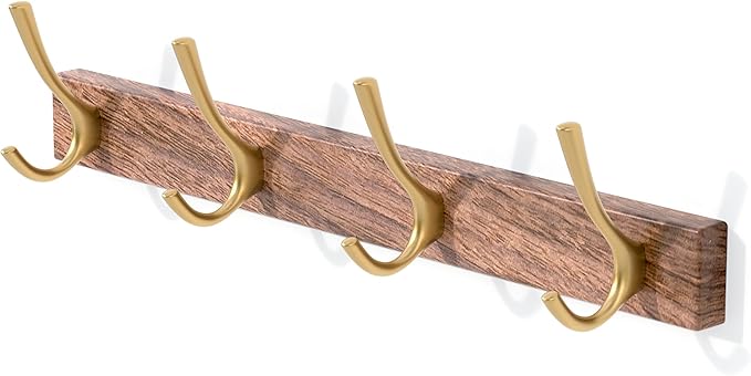 17 Inch Walnut Wood Wall Mounted Coat Rack with 4 Gold Double Hooks, Adhesive Mounted Entryway Hooks, Modern Natural Wooden Pegs for Hanging Coat Clothes Hat Bag Purse Key and Towel