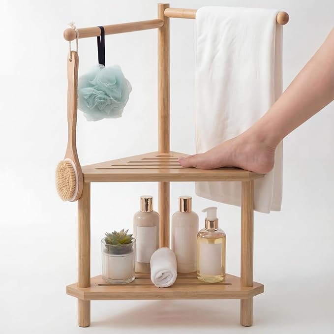 Threehoney 2 Tier 17" x 31" Bamboo Corner Shower Stool Shelf with Towel Bar for Bathroom Wood Foot Rest, Shower Storage Organizer Bench Caddy for Inside, Small Spaces Free Standing