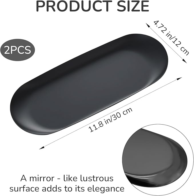 2 Pack Stainless Steel Decorative Tray, 12 Inch Oval Vanity Tray for Jewelry, Small Storage Plate for Cosmetics Organizer Bathroom Key Candle (Black)