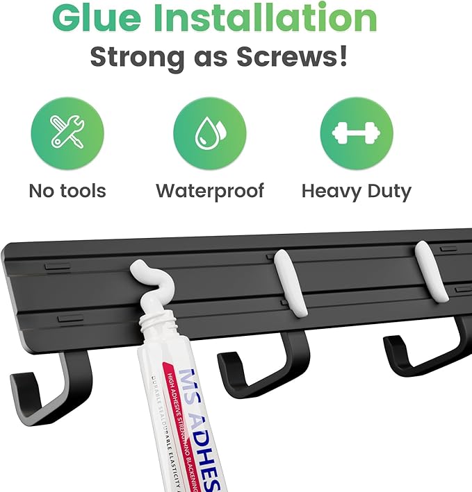 16-Inch Wall Mount Coat Rack with 6 Hooks, Compact Hooks for Hanging Coats, Hats, Jacket, Bags and Purses in Entryway, Bedroom, Bathroom or Closet, Install with Strong Glue or Screws (2-Pack)