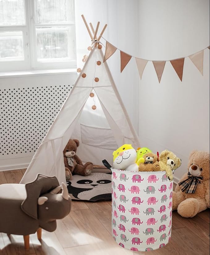 Round Pink Elephant PatternLaundry Hamper Storage Basket Fabric Material Storage Hamper Organization Basket, Storage Bin, Gift Box with Handles for Room