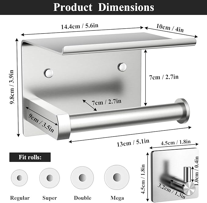 Tindbea Toilet Paper Holder Wall Mount + Towel Robe Hooks, Adhesive or Screw Wall Mounted Toilet Paper Roll Holder with Shelf, Stainless Steel Bathroom Organizers and Storage Kit (Brushed Nickel)
