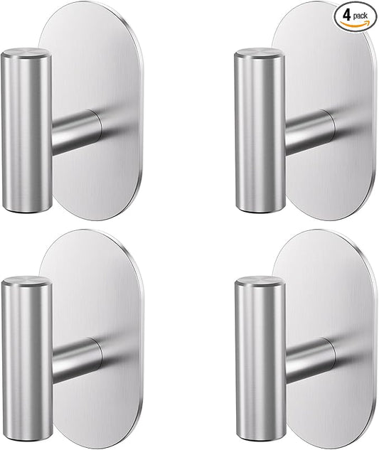 Aikzik Silver Adhesive Hooks Heavy Duty-Max 26lb, Wall Hooks for Shower, Bathroom, Towel, Coat, Robe, Stainless Steel Hooks for Hanging, Sticky Hooks for Walls No Damage- 4 Pack