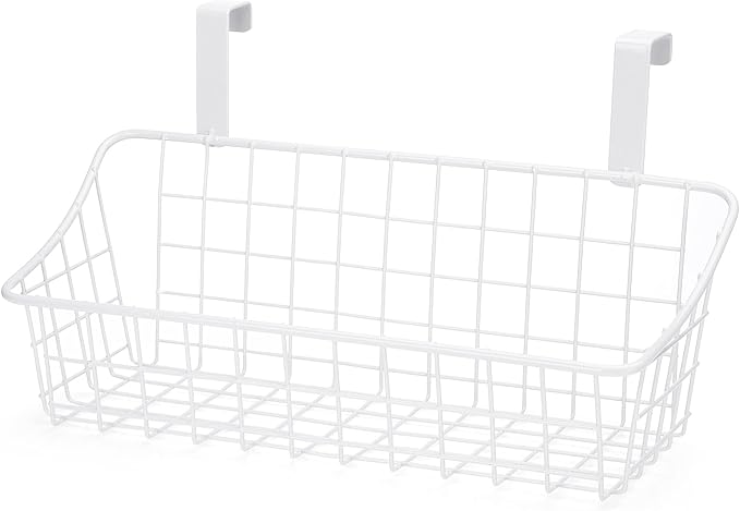 White Basket with hook Grid Storage Basket, Hang it behind a door or on a railing, Over the Cabinet Door Small,2 Pack