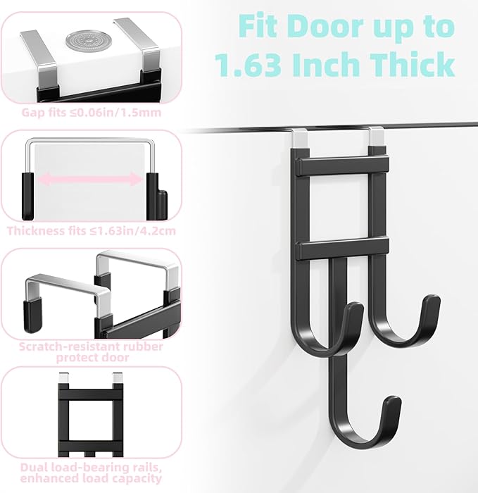 Over The Door Hooks - 2 Pack Heavy Duty Triple-Hook Organizer Hanger with Rubber for Towels, Clothes, Hats & Bags Use in Bathroom, Bedroom, Kitchen - Fits Interior Doors (Black, Shape A)