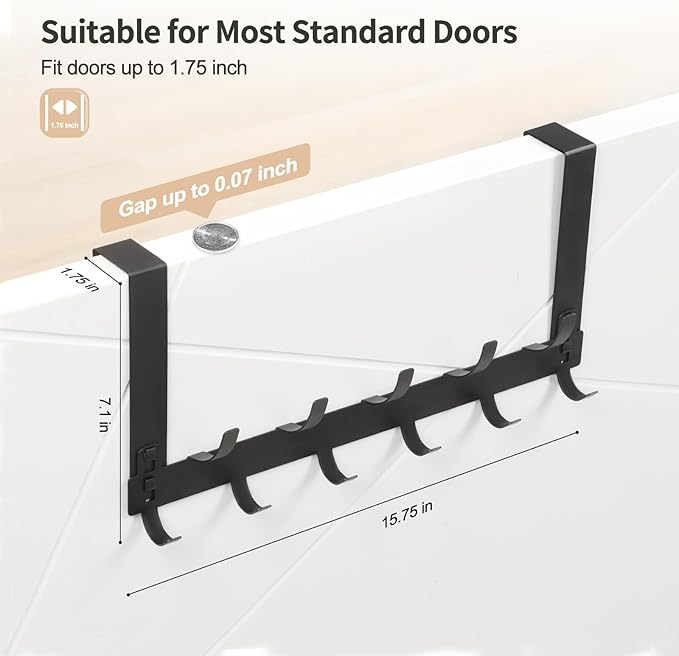 Optish Door Hanger Hook, Over The Door Hooks for Hanging, Over The Door Towel Racks for Bathroom, Over The Door Hanger - 5 Triple Hooks for Towel, Clothes and Hat (Black, 2 Pack), TRI-1P