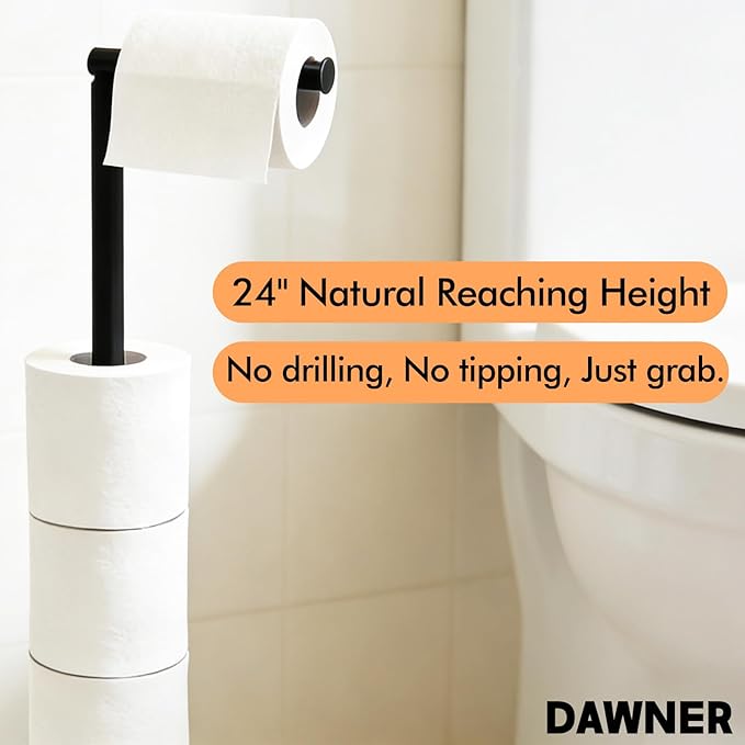 DAWNER 24" Black Toilet Paper Holder Free Standing, Stainless Steel Rustproof Toilet Paper Stand with Storage, Stable Heavy Weighted Flat Base for Apartment, Bathroom, Kitchen, Matte Black Finish