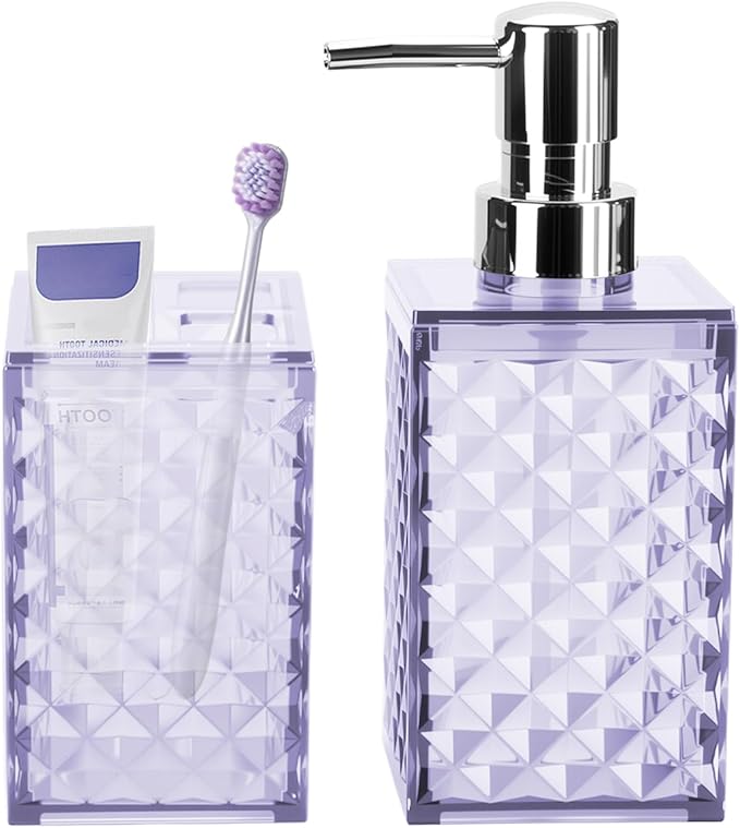 Bathroom Accessories Set 2 PCS, Purple Bathroom Accessories Include Soap Dispenser and Toothbrush Holder, Diamond Pattern Bathroom Set for Boho Bathroom Decor