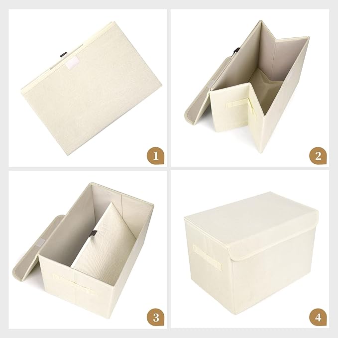 Bagnizer Large 22 Quart [4-Pack] Linen Fabric Foldable Storage Bin Cube Organizer Basket with Flip-Top Lid & Handles, Clothes Blanket Box for Home, Office, Closet (14.6 x 9.5 x 9.5, Beige)