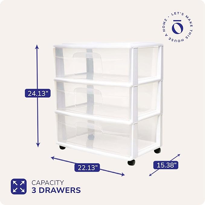 HOMZ Drawer Tower, 3-Tier Wide Rolling Storage Cart with Removable Wheels, White Frame – Plastic Organizer with Clear Bin Drawers for Bedroom, Bathroom, Home Office, and Dorm Room