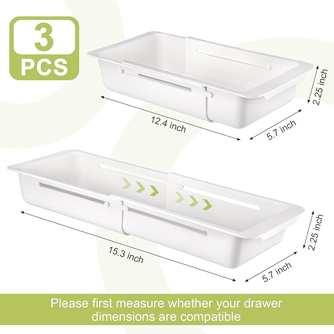 3 PCS Deep Drawer Organizer Bin Adjustable Sliding Drawer Organizers Expandable Kitchen Organizer Trays for Home Office Makeup Storage Tools
