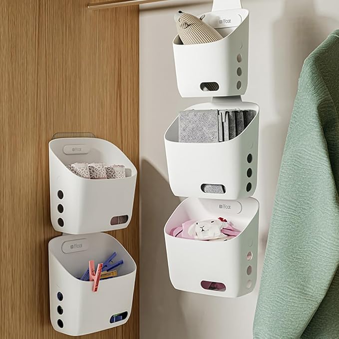 LeleCAT Plastic Hanging Basket Kitchen Storage organizer, Basket with Detachable hook, Hang it behind a door or on a railing, Over the Cabinet Door (Light White, Small) 2pack