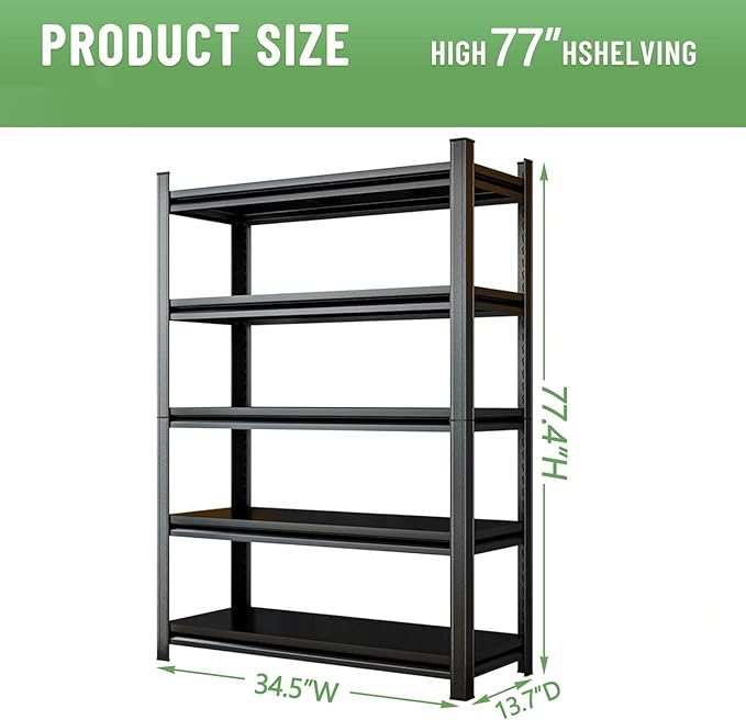 5 Tier Kitchen Stand, Adjustable Metal Storage Shelves, Heavy Duty Bakers Rack for Kitchen, Garage, Pantry, Basement, Laundry Room,for Spices, Pots, Rustic Brown, Black (77.4"Hx 35.4"W x13.7"D)