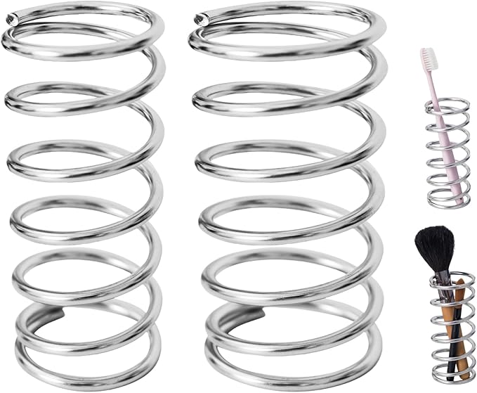 2Pcs Toothbrush Holders Steel Spring Shape Pen Holder Bathroom Tabletop Makeup Brush Organizer Toothbrush Stand