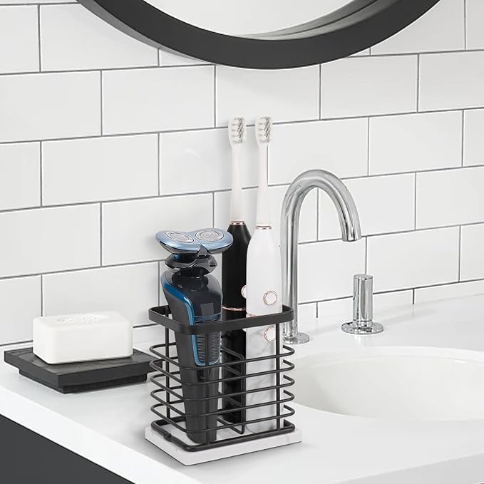 Toothbrush Holder, Luxurious Metal Toothbrush Toothpaste Holder with Marble Base for Bathroom, Multi-Slots Openwork Design, Bathroom Accessory for Storage and Organizer (Small, Matte Black)
