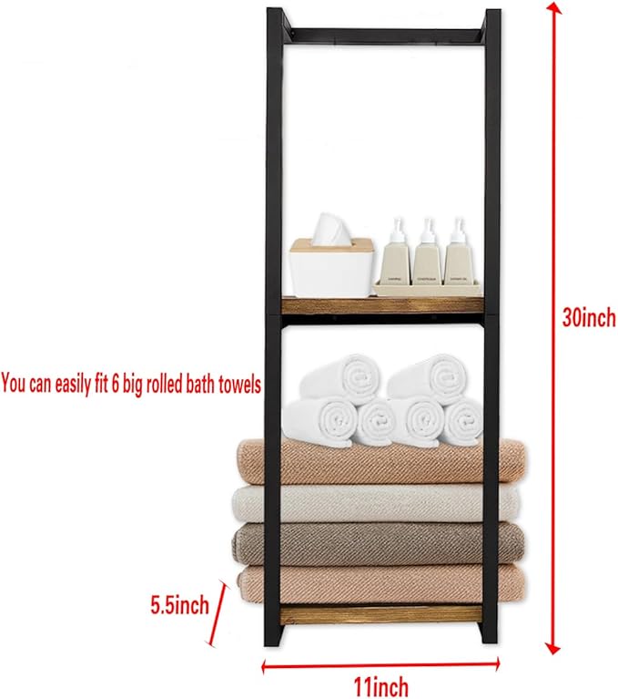 Modern Towel Rack for Rolled Towels,Towel Rack for Bathroom,Wall Mounted Bathroom Organizer Storage,Metal Towel Holders with Wooden Shelf,11" L x 5.5" W x 30" H,Black