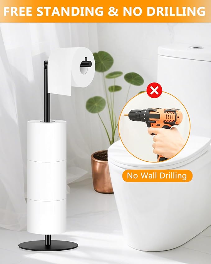 Toilet Paper Holder Stand, Bathroom Toilet Paper Stand with Shelf Hold 4 Paper Rolls, Free Standing Toilet Roll Storage Holder with Reserve, Black, Housen Solutions
