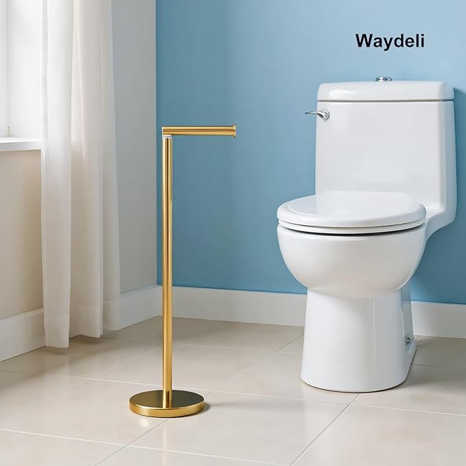 Toilet Paper Holder Gold, Freestanding Toilet Paper Holder Stand with Reserve for 4 Spare Rolls, Sturdy Base, Toilet Tissue Paper Roll Storage Shelf (Stainless Steel Base, Gold)