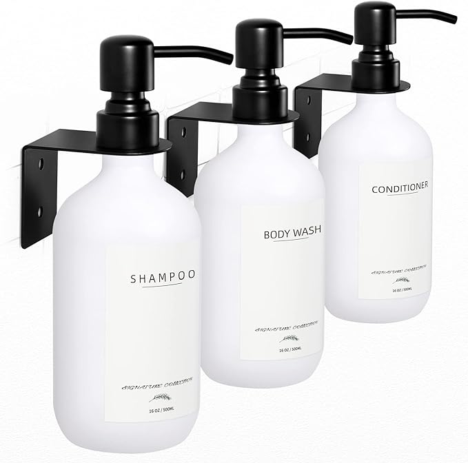 Supforce Shampoo Dispenser for Shower Wall Mount, No Drill Shampoo and Conditioner Dispenser with Matte Pump and Waterproof Labels, Shower Soap Dispenser Wall Mounted for Home Bathroom - White