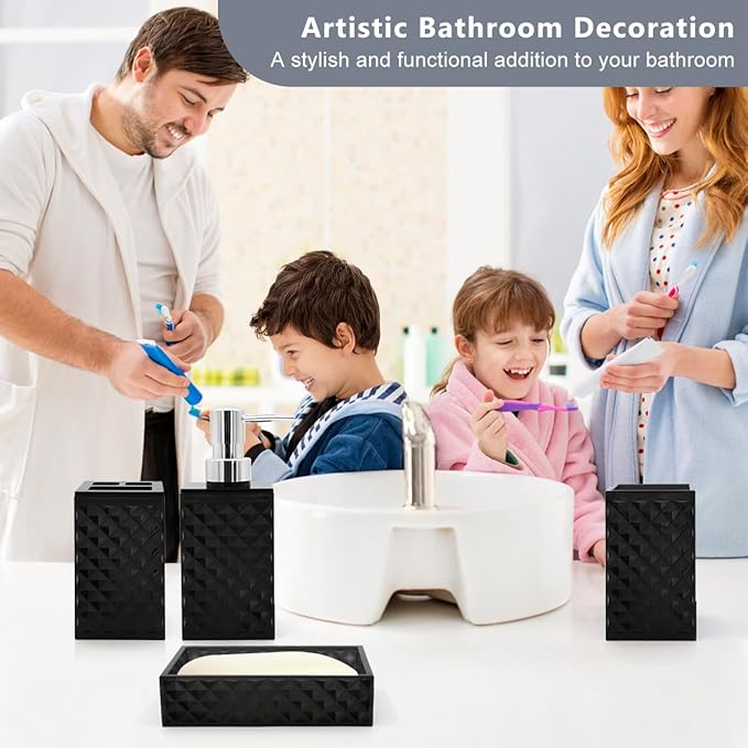 Bathroom Accessories Set, 4 Pcs Black Bathroom Decor Bathroom Sets Accessories, Diamond Soap Dispenser, Bathroom Tumbler, Soap Dish and Toothbrush Holder Set, Boho Bathroom Decor, Black