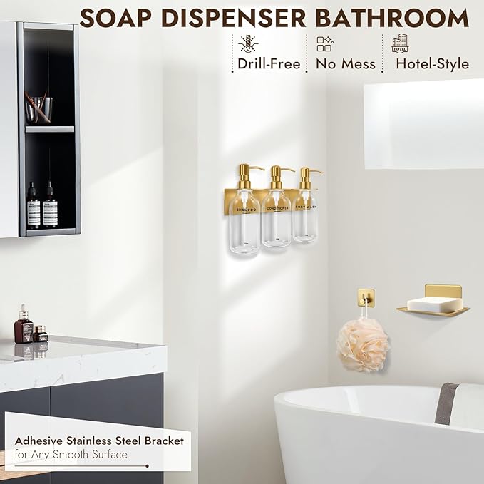 KOUCHU Shampoo and Conditioner Dispenser Set - Wall Mounted Shower Soap Dispenser - 17oz No-Drill Refillable Plastic Pump Bottles for Bathroom Kitchen - Includes Soap Dish and Hook (Transparent)