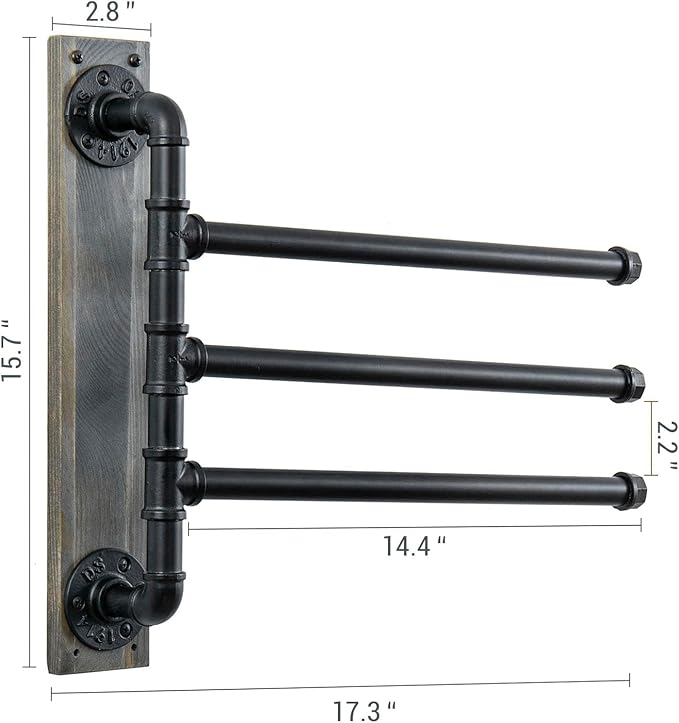 MyGift 17.3 Inch Wall Mounted Bathroom Swivel Towel Rack on Vintage Gray Solid Wood Board, 3 Tier Industrial Black Metal Pipe Bars with 180 Degree Swing for Towels