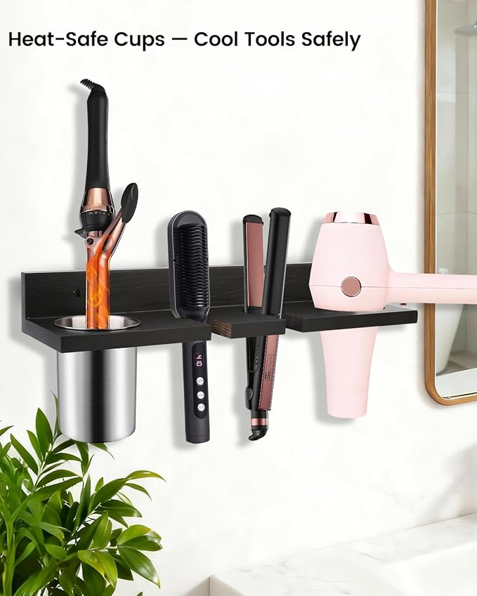 Hair Tool Organizer for Bathroom – Wall Mounted Hair Dryer Holder with Heat-Resistant Cups, Curling Iron & Straightener Rack, Blow Dryer Organizer for Vanity or Wall (Black)