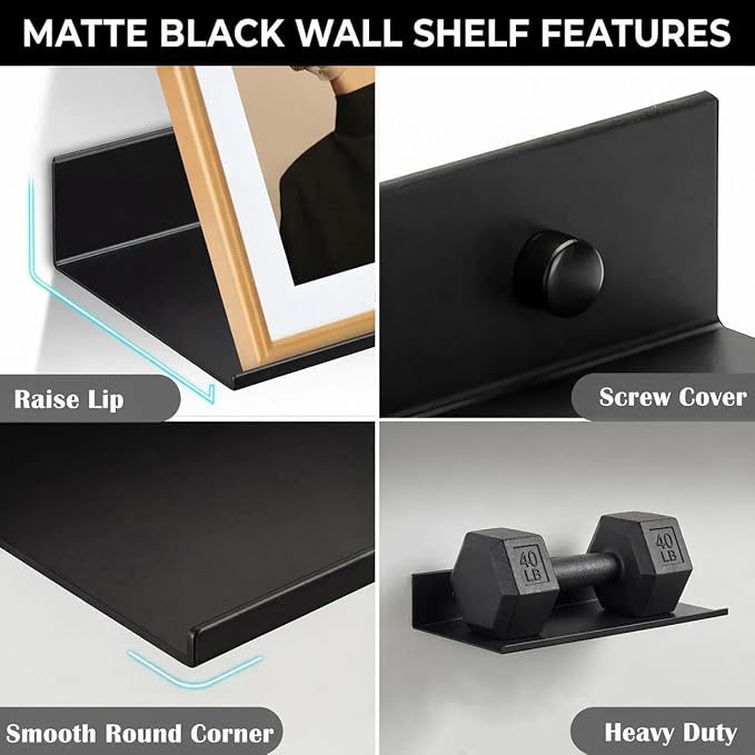 Z metnal Bathroom Shelf, Small Floating Wall Shelves, Decorative Ledge Shelf, Aluminum, Wall Mounted, Matt Black, 16/12/8 inch, 3 Packs