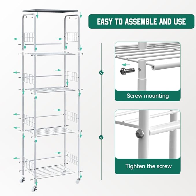 5 Tier Metal Wire Storage Rack with Wooden Top, Versatile Utility Organizer with Casters for Laundry Pantry Bathroom, Kitchen Organizers and Storage Shelving Unit Rolling Utility Carts, Grey