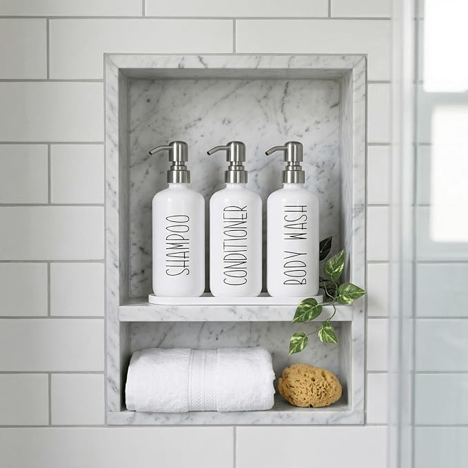 MOMEEMO Refillable Shampoo and Conditioner Bottles with Tray, Shower Shampoo Dispenser for Shower, Body Wash Dispenser for Shower, Shampoo Conditioner Dispenser with Stainless Steel Pumps (White)