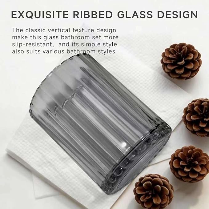 2 PCS Grey and Gold Glass Bathroom Accessory Sets, Grey Bathroom Set, Soap Dispenser and Toothbrush Holder Set for Modern Bathroom Decor