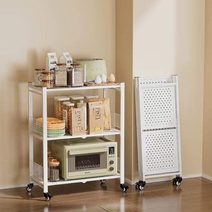 Folding Storage Shelves No Assembly, 3 Tier Foldable Shelves with Wheels, Collapsible Rolling Storage Rack for Pantry Laundry Room Small Spaces, White