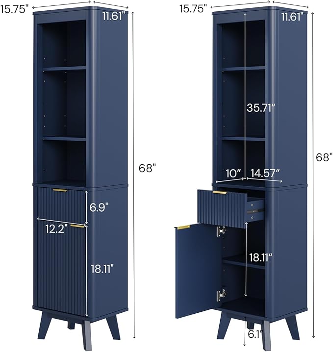 XIAO WEI 68" Tall Bathroom Storage Cabinet, Narrow Bathroom Storage Cabinets with 3 Adjustable Shelves, Slim Wooden Storage Cabinet with 1 Drawer & Door for Bathroom, Blue