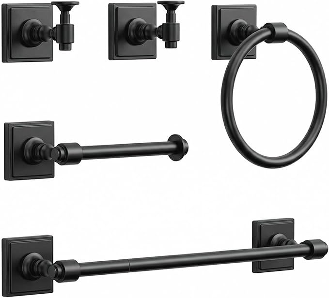 Matte Black Bathroom Towel Bar Set, 5 Piece Bathroom Hardware Accessory Set, SUS304 Stainless Steel 24" Towel Rack Holder Set for Bathroom, Wall Mounted