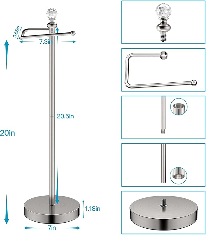 ROLABAM Toilet Paper Holder Stand with Crystal Head, Brushed Nickel Toilet Paper Holder Free Standing 24.4" H, Stand Up Toilet Paper Roll Holder for Bathroom, Floor Toilet Paper Storage