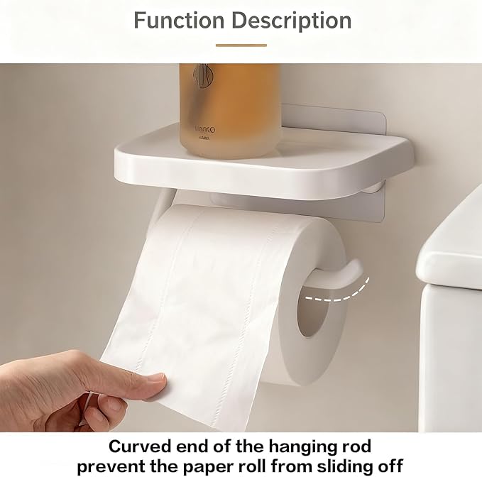 Self Adhesive Toilet Paper Holder with Shelf, No Drill Wall Mounted Bathroom Tissue Holder, Sticky TP Roll Holder with Phone Shelf for RV, White