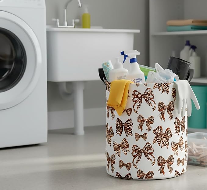 CLOCOR Large Laundry Basket,Waterproof Nursery Hamper,Collapsible Fabric Storage Container,Room Decor,Gift Basket（Leopard Print Bow