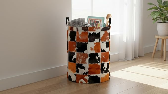 CLOCOR Round Collapsible Flat Storage Basket,Space-Saving Fabric Laundry Hamper for Clothes,Nursery Hamper,Gift Basket(Cowhide)