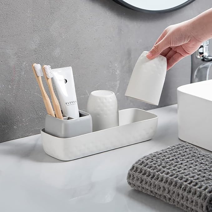 Toothbrush Holder for Bathroom, Electric Toothbrush and Toothpaste Organizer with 2 Cups, Bathroom Accessories Set for Kids and Families, White & Grey