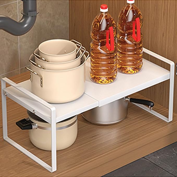 Expandable Cabinet Shelf Organizer Adjustable Storage Rack Stackable Metal Home Organization for Kitchen Pantry Spice Cupboard Under Sink Countertop - White, 1 Pack