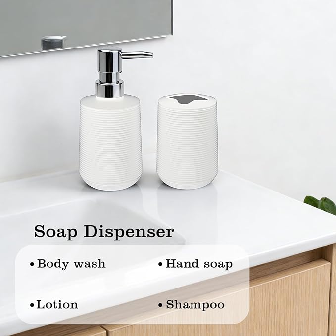Bathroom Accessories Set, Bathroom Soap Dispenser & Toothbrush Holder Set, 2 Piece High Capacity Organizer in White, Minimalist Boho Style for Clutter Free Bathroom