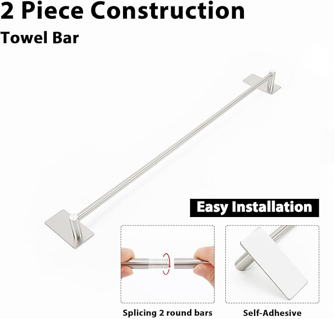 NearMoon Self Adhesive Bathroom Towel Bar- Stainless Steel Bath Wall Shelf Rack Hanging Towel Stick On Sticky Hanger Contemporary Style, NO Drilling (2 Pack, Brushed Nickel, 24-Inch Towel Rack)