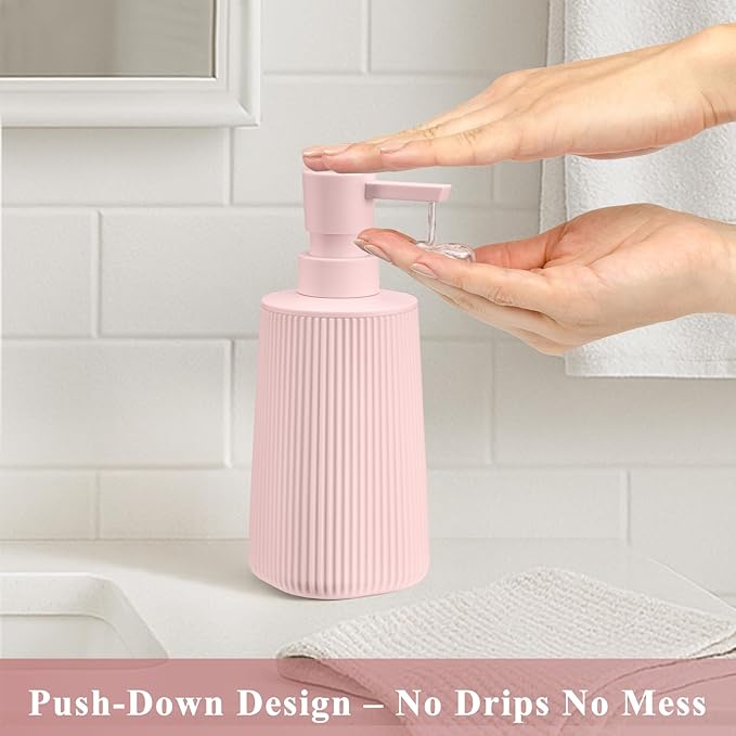 Pink 2 Pack Hand Soap Dispensers Set with No Rust Pump for Bathroom Kitchen or Vanity Countertops Refillable Striped Matte Plastic 8.5 oz Cute Design for Girls Room Decor