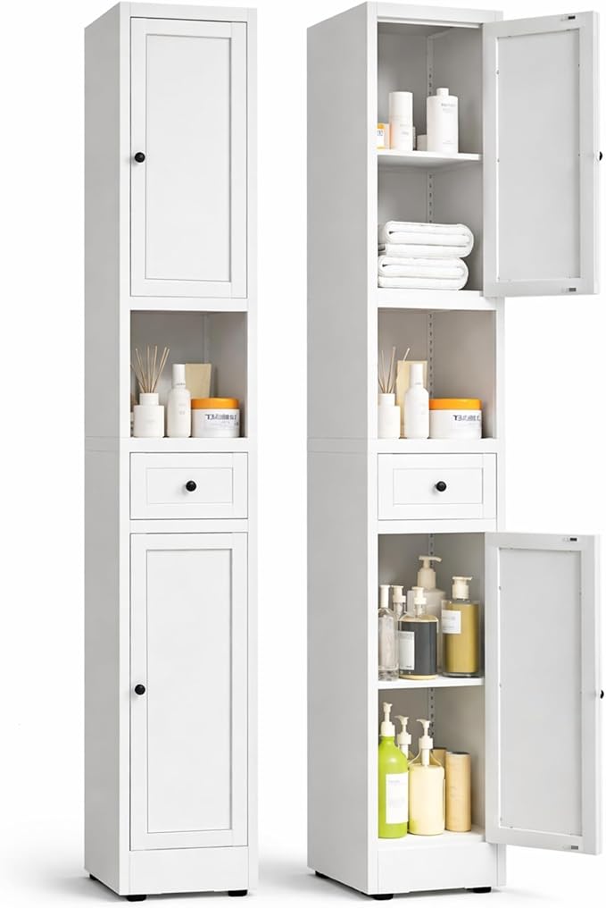 71 Inch Tall Narrow Bathroom Storage Cabinet, Slim Metal Freestanding Floor Cabinet with Doors, Adjustable Shelves, Drawer & Open Shelf, Bathroom Organizer for Small Spaces, White