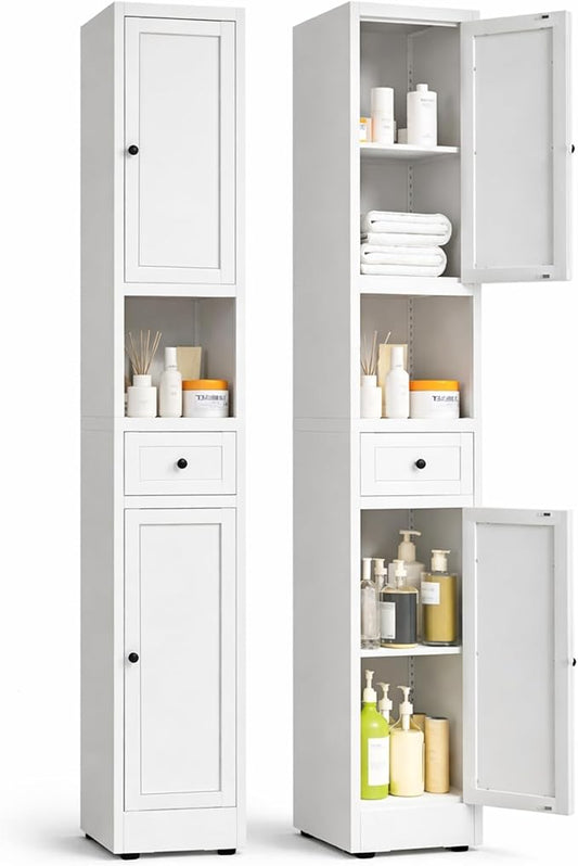 71 Inch Tall Narrow Bathroom Storage Cabinet, Slim Metal Freestanding Floor Cabinet with Doors, Adjustable Shelves, Drawer & Open Shelf, Bathroom Organizer for Small Spaces, White