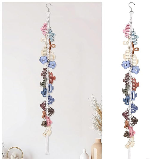 SNOWSTAR Macrame Hair Claw Clip Organizer with Rotating Hook and 20 Metal Rings,Hanging Hair Clip Holder and Storage for Women Girls,Claw Clips Hanger Home Decor for Wall,Door,Closet