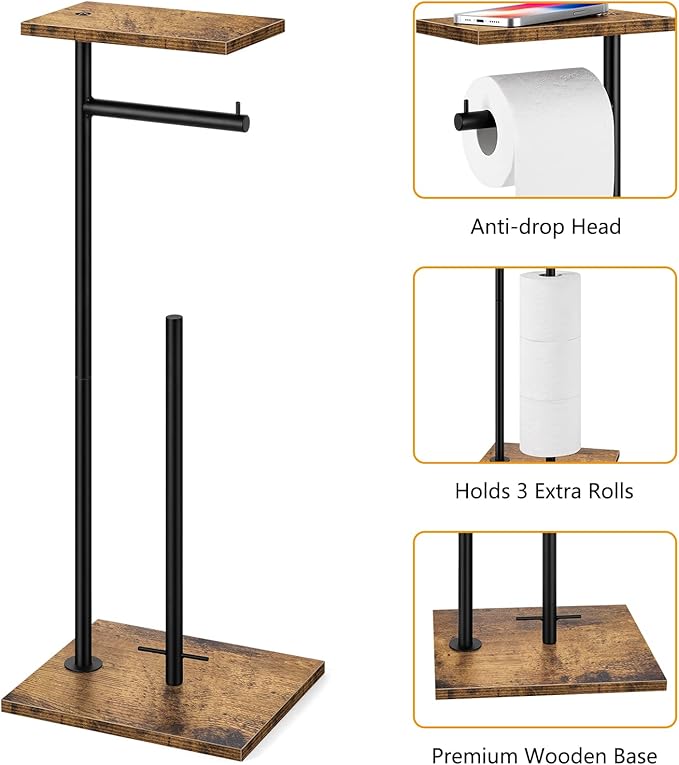 Rustic Brown Farmhouse Toilet Paper Dispenser - FreeStanding Tissue Roll Holder with Shelf for Bathroom Toilet Paper Storage