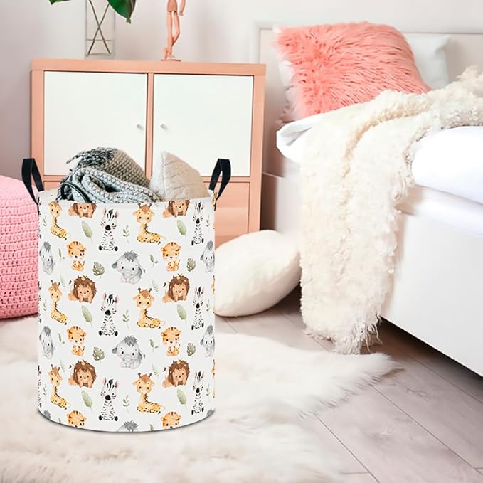 CLOCOR Round Collapsible Flat Storage Basket,Space-Saving Fabric Laundry Hamper for Clothes,Nursery Hamper,Gift Basket(Cute Animals)