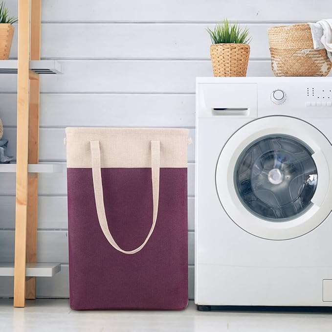 Laundry Basket with Handles Beige&Burgundy Slim Laundry Bin Collapsible Dirty Clothes Basket Narrow Laundry Bag Foldable Dirty Hamper for Camping, Dorms, Apartments